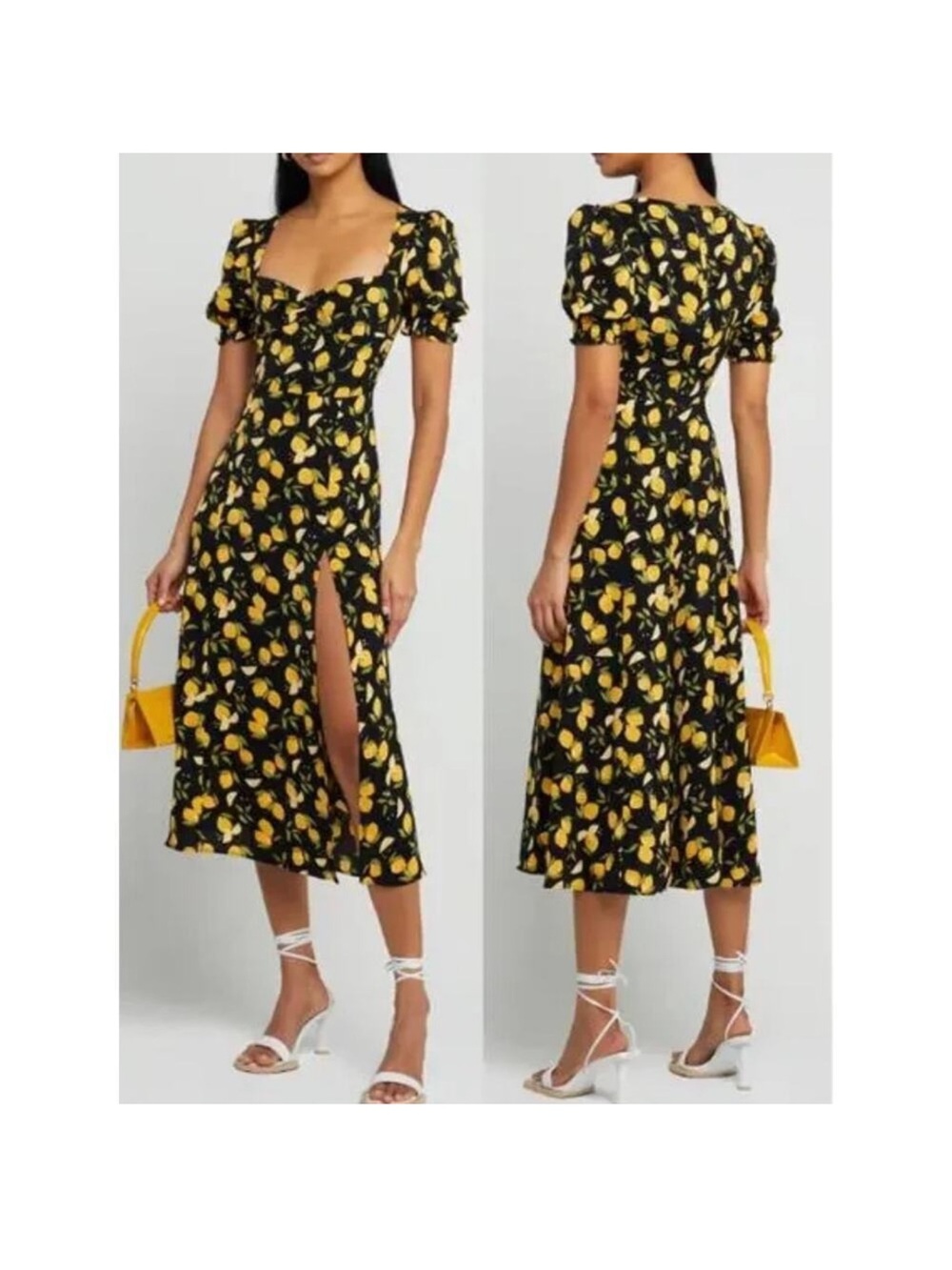 o.p.t. Black & Yellow Lemon Print Midi Dress with Front Slit Size L